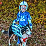 animal, autumn, blue_jersey, child, costume, dog, fall_foliage, football_helmet, gloves, grass, happy, leaves, nature, outdoor, pet, referee_costume, smiling, sportswear, tongue_out, young_child