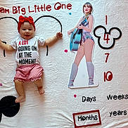 Poppy is registered to the contest to win money with this photo: baby, infant, milestone_blanket, mickey_mouse, minnie_mouse, headband, red_headband, shirt, text, colorful, cute, smiling, lying_down, blanket, numbers, months, days, weeks, years, decor