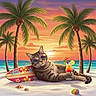 Stitch is registered to the contest to win money with this photo: animal, beach, beach_ball, cartoon, cat, cocktail, fun, illustration, leisure, ocean, palm_trees, relaxation, sand, seashells, summer, sunglasses, sunset, surfboard, tropical, vacation