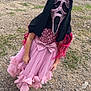 Mila joined the competition — help win amazing prizes! child, pink_dress, ruffles, bow, mask, sparkly_mask, black_hood, barefoot, outdoor, dirt_path, rocky_ground, long_hair, pink_hair, costume, dress_up, scary_mask, sequin, fashion, person, standing