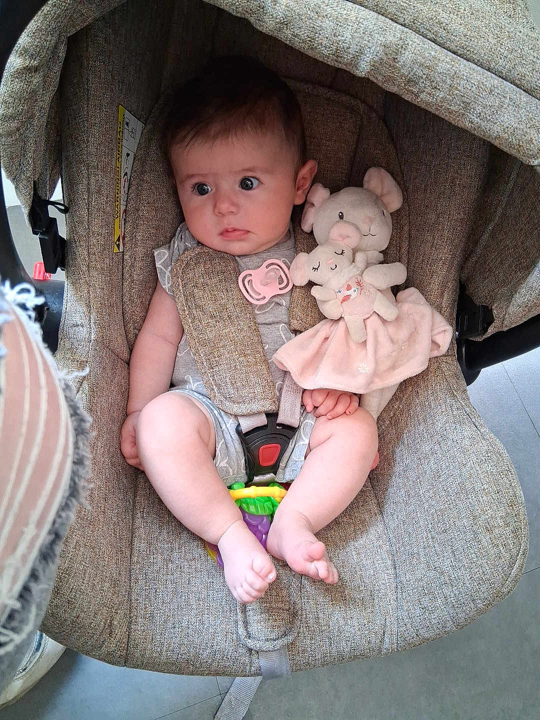 Kelly participe au concours pour gagner de l'argent avec cette photo : baby, car_seat, plush_toy, pacifier, infant, child, soft_toy, seat_belt, fabric, cute, indoor, comfort, pink, expression, skin, foot, hand, toy, sitting, closeup