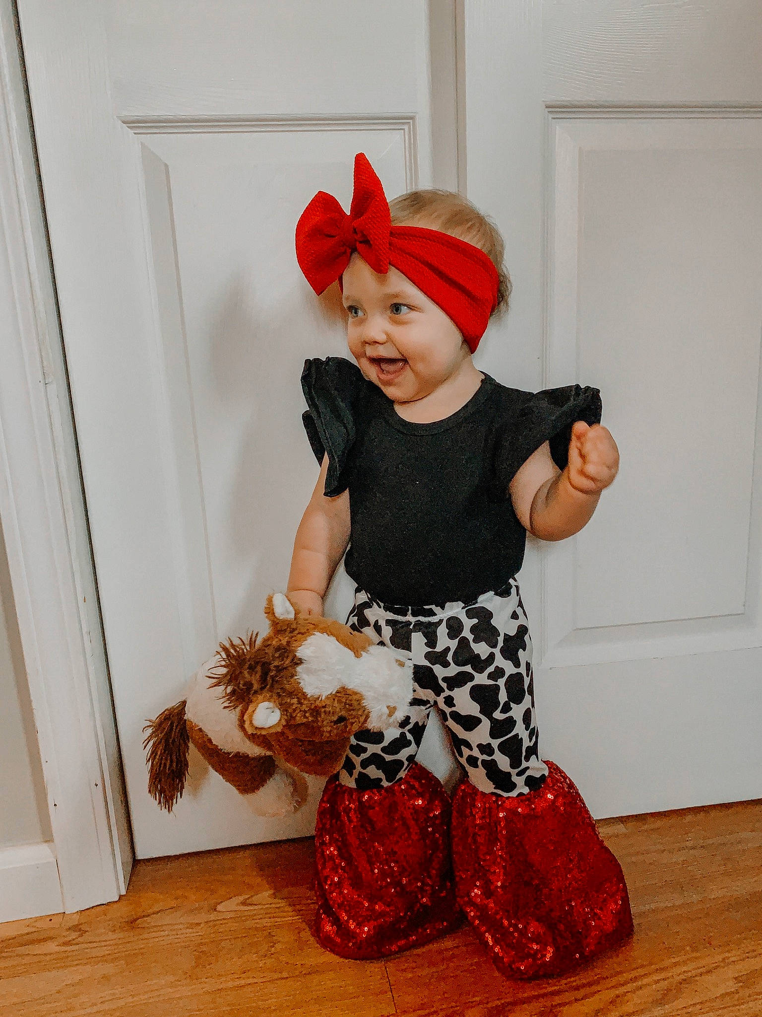 Harper Mae joined the competition — help win amazing prizes! baby_bloomers, baby_products, baby_toddler_clothing, child, costume, costume_accessory, footwear, headgear, headwear, pattern, person, red, shoe, toddler, toy, trousers