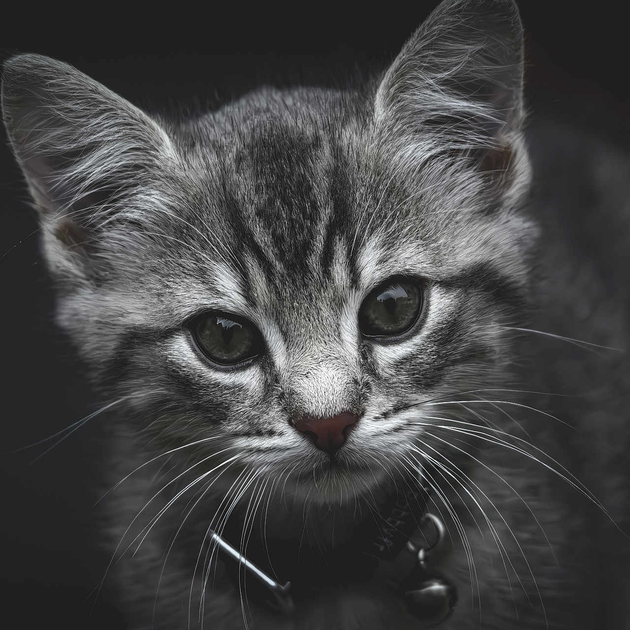 Willow a rejoint le concours — aidez-le/la à gagner de superbes lots ! kitten, cat, close_up, animal, pet, fur, whiskers, ears, eyes, portrait, cute, domestic_cat, feline, young, indoor, collar, gray, tabby, focused, adorable