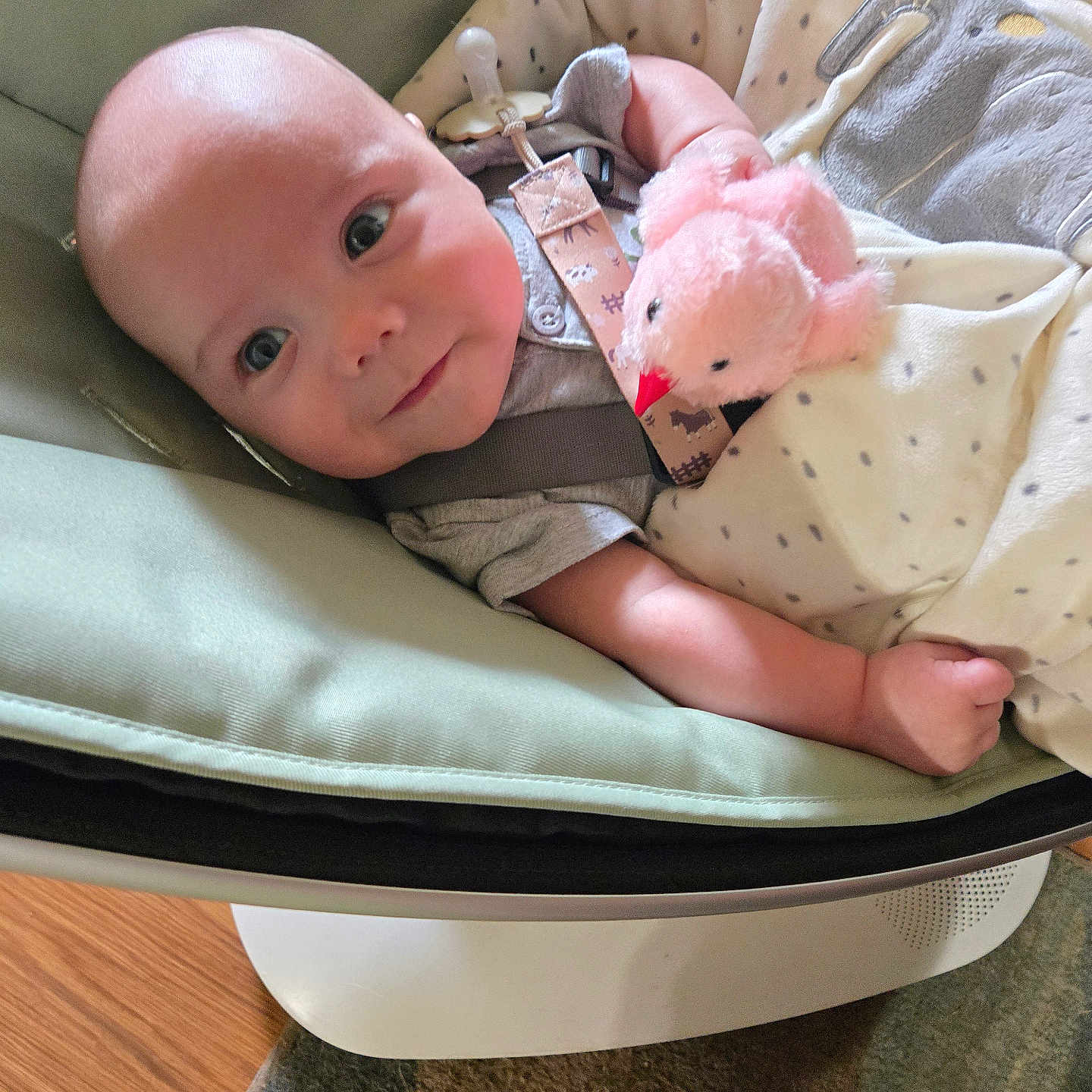 Atlas joined the competition — help win amazing prizes! baby, baby_seat, blanket, blanket_pattern, carpet, carrying_strap, child, clothing, comfort, cute, face, indoor, infant, person, plush_toy, resting, smiling, soft_toy, toddler, wooden_floor