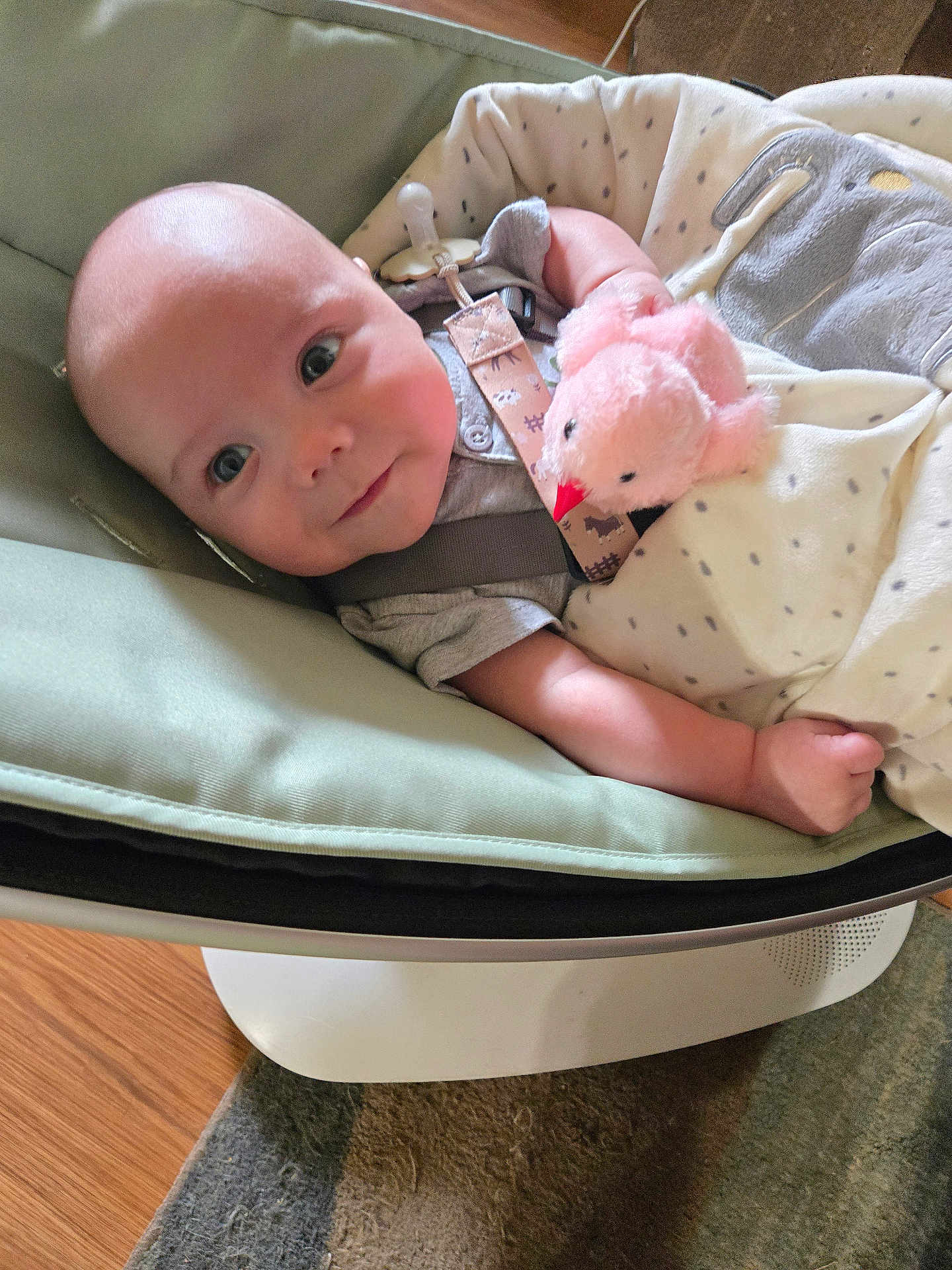 Atlas joined the competition — help win amazing prizes! baby, infant, plush_toy, blanket, baby_seat, indoor, carrying_strap, cute, child, soft_toy, wooden_floor, carpet, person, face, smiling, resting, comfort, toddler, clothing, blanket_pattern