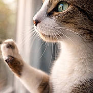 Aki a rejoint le concours — aidez-le/la à gagner de superbes lots ! cat, feline, close_up, portrait, paw, whiskers, green_eye, profile, window, looking_out, indoor, soft_light, fur, nose, reflection, curtain, bokeh, relaxed, curiosity, tabby