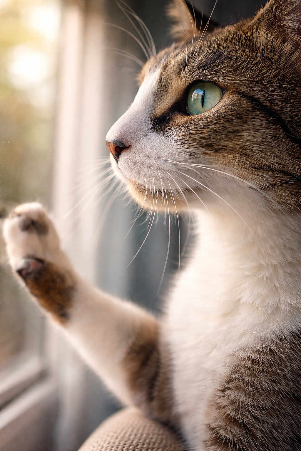 Aki a rejoint le concours — aidez-le/la à gagner de superbes lots ! cat, feline, close_up, portrait, paw, whiskers, green_eye, profile, window, looking_out, indoor, soft_light, fur, nose, reflection, curtain, bokeh, relaxed, curiosity, tabby