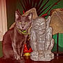 Charlie is registered to the contest to win money with this photo: animal, cat, closeup, collar, companion, decoration, figurine, gargoyle_statue, gray_cat, green_eyes, green_wall, holiday_decor, indoor, lamp, ornament, pet, red_decoration, sitting, table, wooden_surface