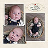 baby, infant, basket, fur, floor, clothing, overalls, buttons, portrait, collage, cute, child, newborn, expression, face, eyes, hands, feet, indoor, cozy