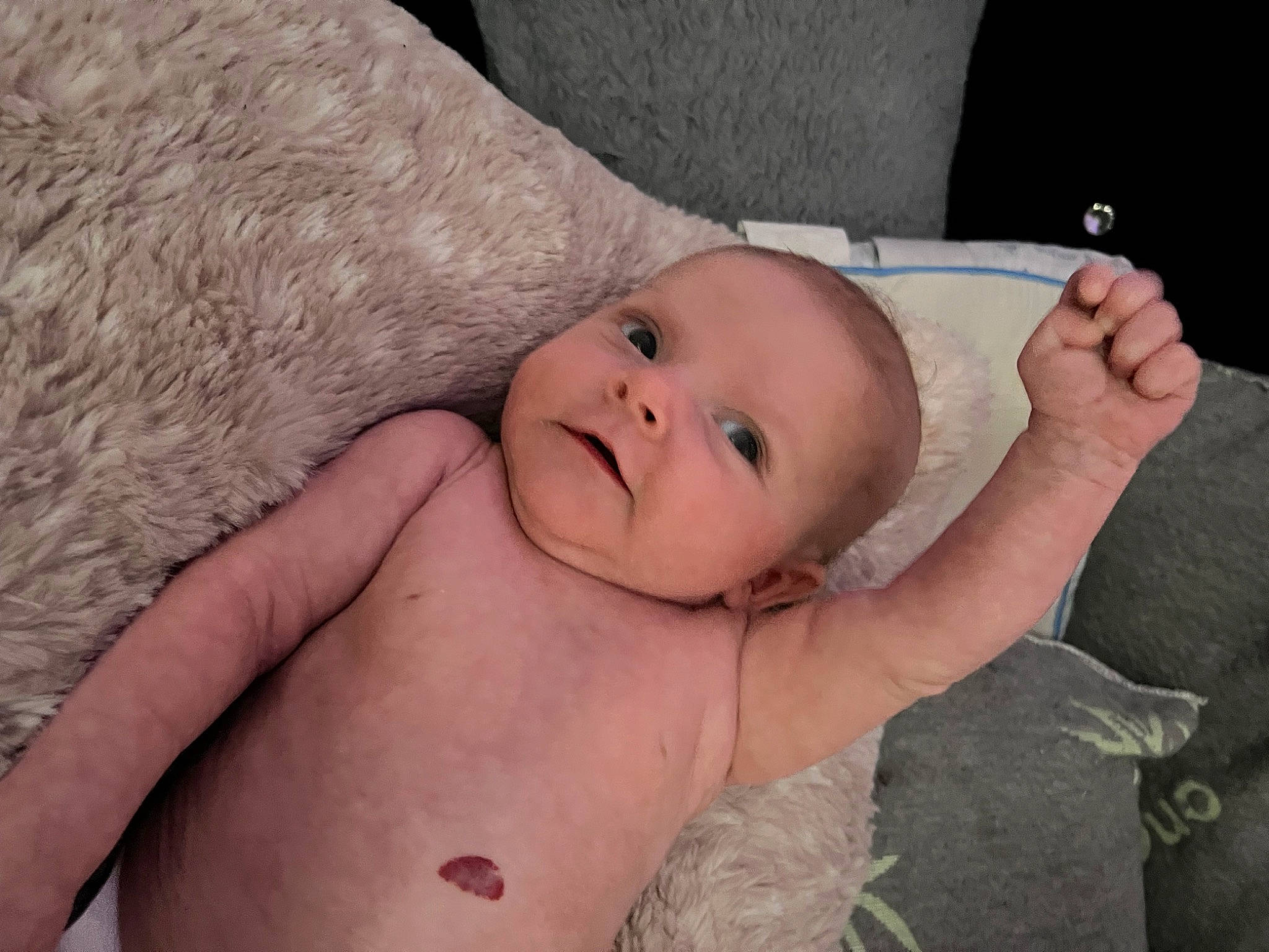 Gracelynn joined the competition — help win amazing prizes! arm, baby, cheek, comfort, eye, eyebrow, finger, gesture, head, human_body, iris, lip, mouth, nose, person, skin, smile, stomach, textile, thumb