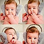baby, child, earmuffs, cute, portrait, expression, hand, skin, face, infant, cozy, soft, fluffy, headwear, cheeks, looking, indoors, collage, multiple, adorable
