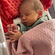 Hélios participe au concours pour gagner de l'argent avec cette photo : newborn, baby, sleeping, blanket, pink, red, cushion, pillow, floral, infant, bed, cozy, peaceful, cute, wrapped, hands, face, soft, resting, indoors