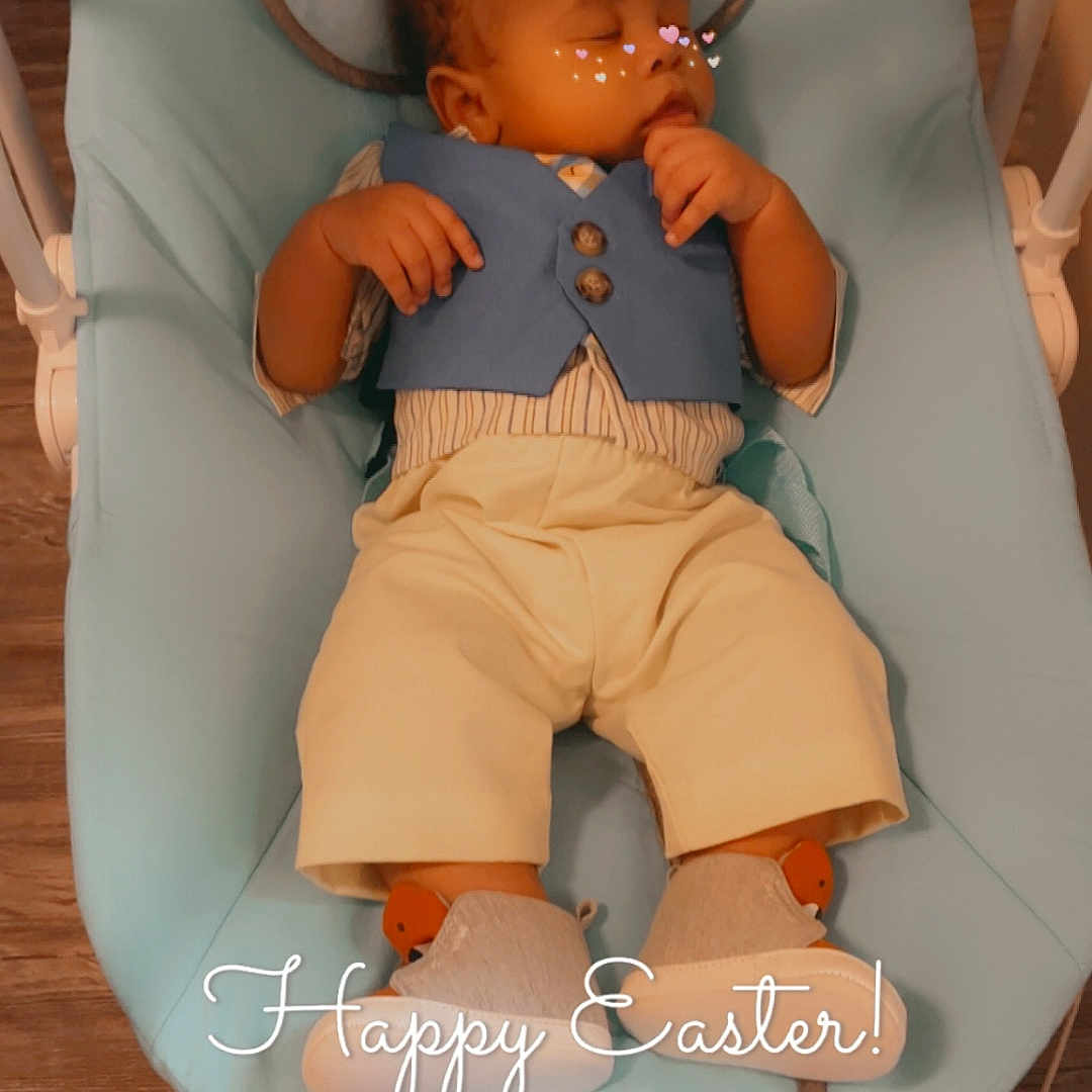 Kingston joined the competition — help win amazing prizes! baby, sleeping, blue_vest, cream_pants, baby_rocker, bunny_ears_filter, digital_filter, wooden_floor, indoor, happy_easter_text, cute, peaceful, child, footwear, small_hands, head_support, festive, holiday, portrait, resting