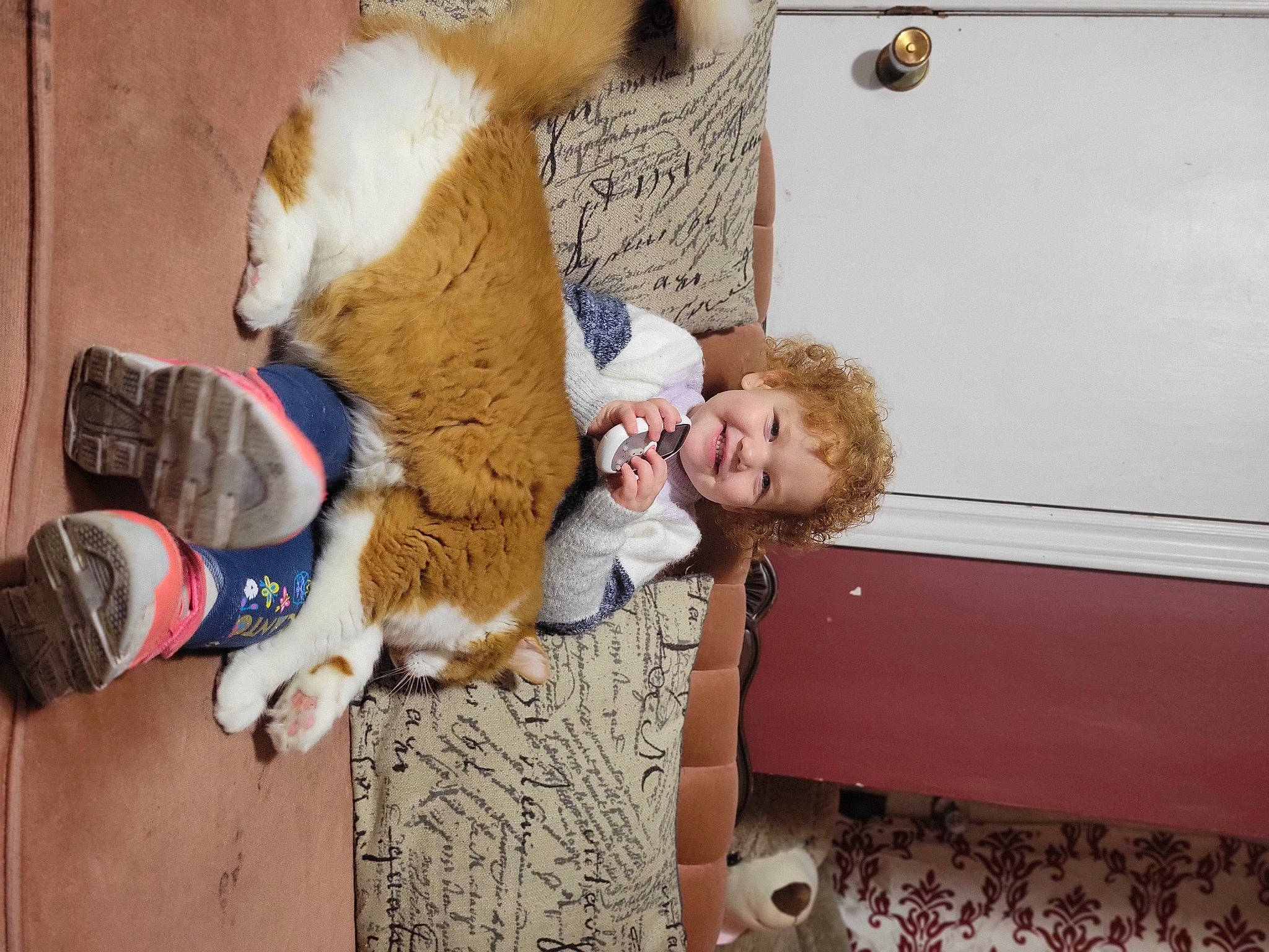 Esme is registered to the contest to win money with this photo: canidae, child, companion_dog, dog_breed, fawn, felidae, fun, fur, happy, human_leg, joy, person, polar_bear, sporting_group, stuffed_toy, tail, tin_can, toddler, toy, wood