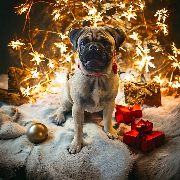 Georgie is registered to the contest to win money with this photo: bulldog, carnivore, companion_dog, dog, dog_breed, event, fawn, grass, holiday, light, midnight, night, plant, shar_pei, snout, sporting_group, toy_dog, tree, winter, wrinkle