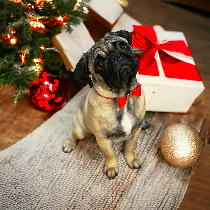 Georgie joined the competition — help win amazing prizes! carnivore, christmas_tree, collar, companion_dog, dog, dog_breed, dog_collar, dog_supply, event, fawn, flooring, holiday, plant, pug, snout, tail, toy_dog, tree, wood, wrinkle