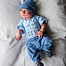 baby, infant, blue_clothing, hat, blanket, lying_down, newborn, cute, portrait, soft_texture, cozy, baby_garment, socks, white_background, small_hands, baby_face, indoors, child, resting, sleepwear