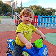 Martin participe au concours pour gagner de l'argent avec cette photo : toddler, child, toy_bike, playground, yellow_shirt, blue_bike, shorts, outdoor, fence, stroller, trees, sky, curly_hair, play, summer, park, person, daylight, happy, cute