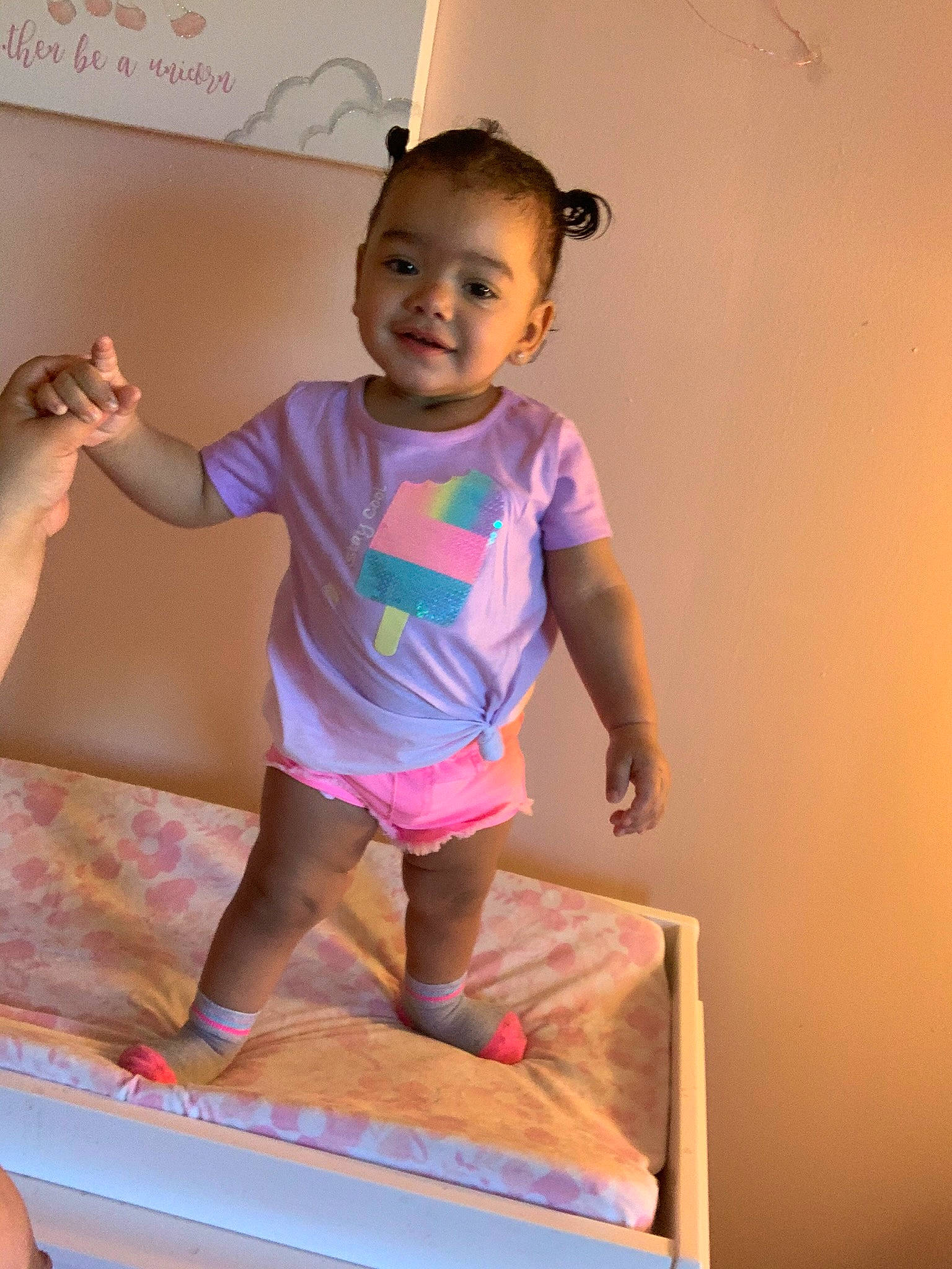 Melissa is registered to the contest to win money with this photo: baby, child, joy, leg, person, pink, skin, standing, toddler