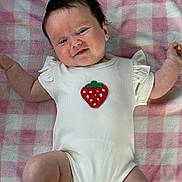 Sophie joined the competition — help win amazing prizes! baby, infant, onesie, strawberry_patch, blanket, pink, white, smile, arms, legs, cute, child, face, skin, hair, lying_down, clothing, happy, soft, indoors