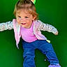 toddler, child, slide, playground, outdoor, smiling, pink_shirt, jacket, blue_pants, purple_shoes, happy, casual_clothing, fun, active, young_child, leisure, daylight, cute, portrait, play