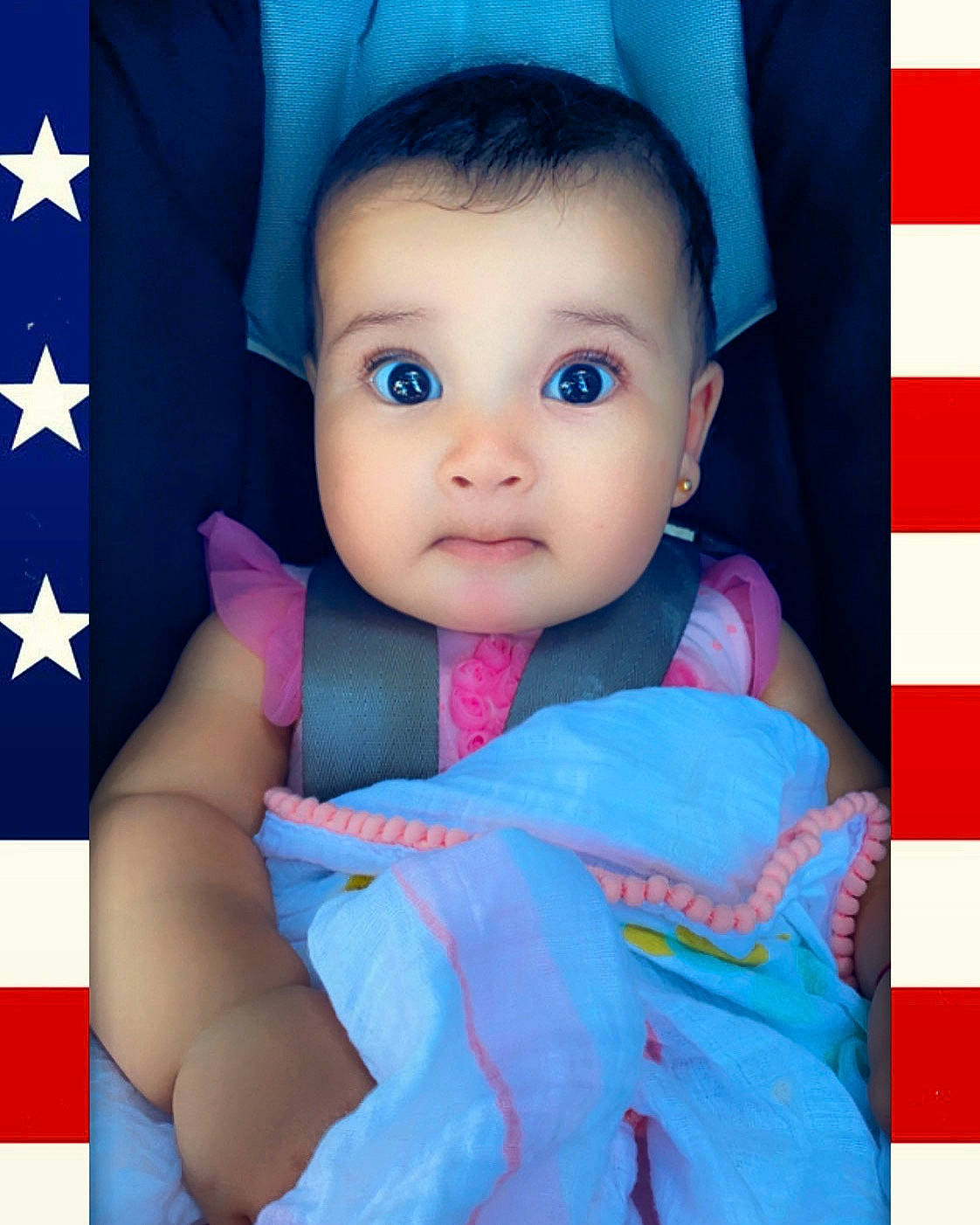 Bianca is registered to the contest to win money with this photo: baby, beauty, cheek, child, eye, face, forehead, hand, happy, head, iris, lip, mouth, nose, person, pink, skin, smile, textile, toddler