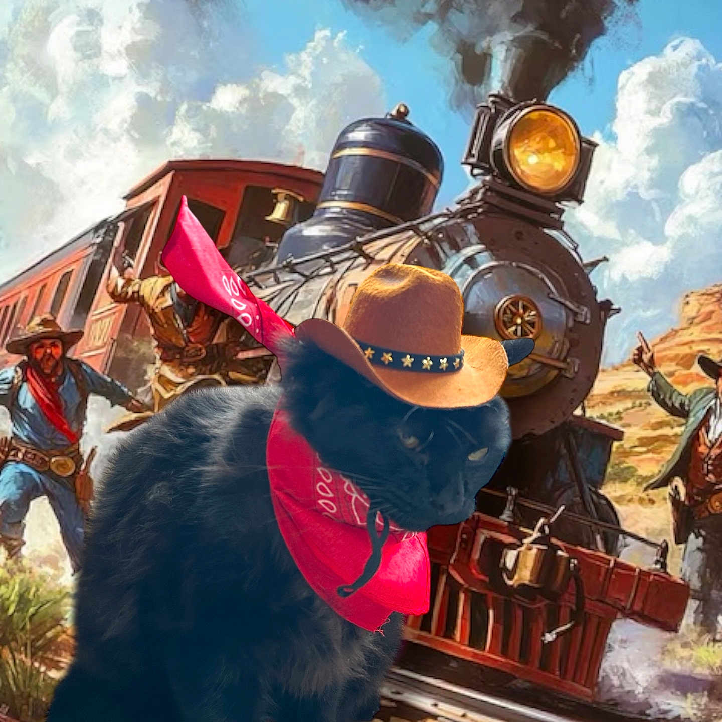 Binx is registered to the contest to win money with this photo: cat, black_cat, cowboy_hat, bandana, train, steam_train, wild_west, illustration, digital_art, smoke, cowboy, horse, western, red_bandana, desert, sky, clouds, action, dramatic, scene