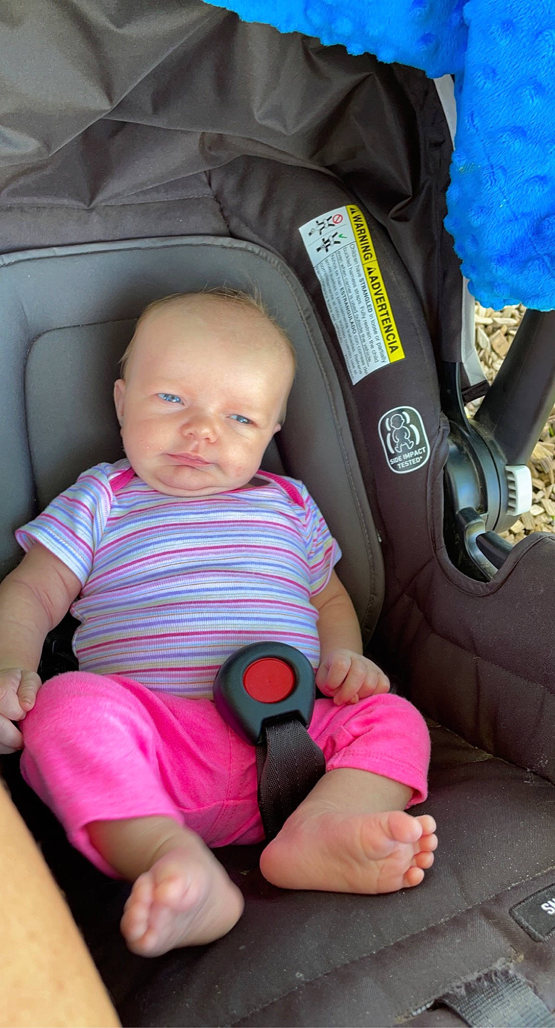 Kynlee is registered to the contest to win money with this photo: auto_part, baby, baby_carriage, baby_products, baby_toddler_clothing, car_seat, cheek, child, comfort, finger, lap, mammal, person, pink, seat_belt, skin, thigh, thumb, toddler, vehicle_door