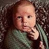 baby, infant, face, eyes, hand, foot, blanket, swaddle, texture, cozy, portrait, cute, soft, newborn, expression, skin, closeup, warm, child, indoors