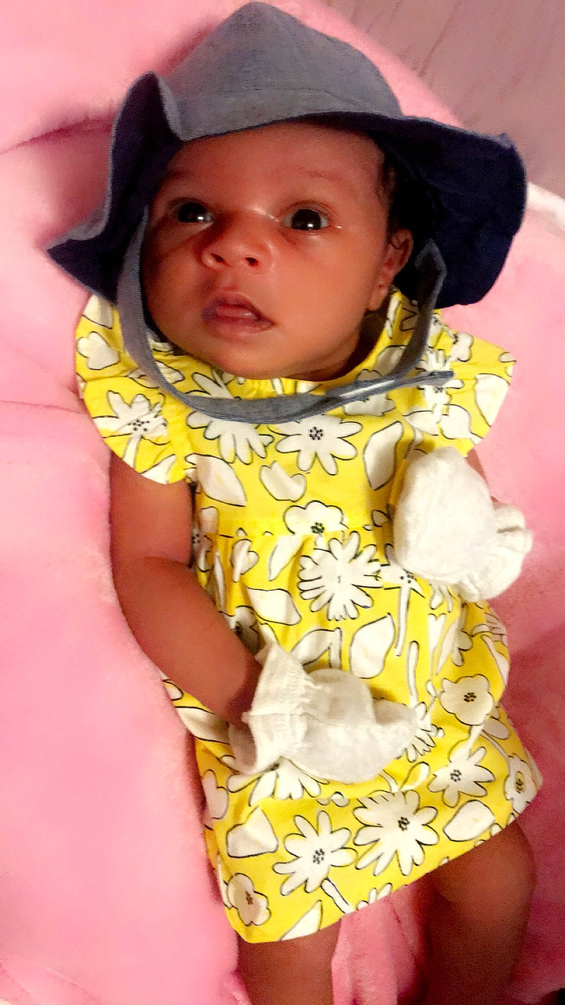 Aaliyah joined the competition — help win amazing prizes! baby, baby_products, baby_toddler_clothing, child, headgear, headwear, person, toddler, yellow