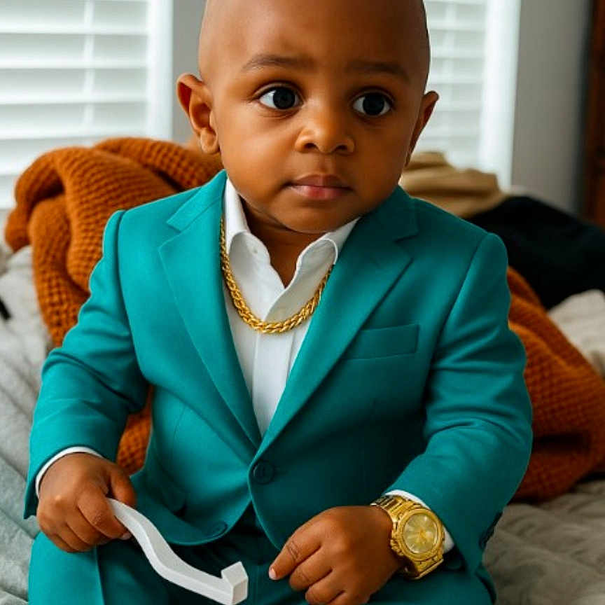 Elijah joined the competition — help win amazing prizes! bed, blanket, child, curious, cute, expression, fashion, footwear, gold_chain, home, indoor, loafers, person, portrait, seated, suit, teal, toddler, watch, window_blinds