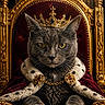 Lulu is registered to the contest to win money with this photo: cat, gray_cat, crown, throne, royalty, regal, jewels, fur_cape, gold, ornate, luxury, portrait, animal, indoor, feline, majestic, pet, closeup, yellow_eyes, costume