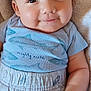 Alejandro is registered to the contest to win money with this photo: baby, infant, smile, blue_shirt, shorts, cute, face, hand, towel, clothing, child, young, lying_down, skin, cheeks, eyes, expression, soft_texture, indoors, portrait