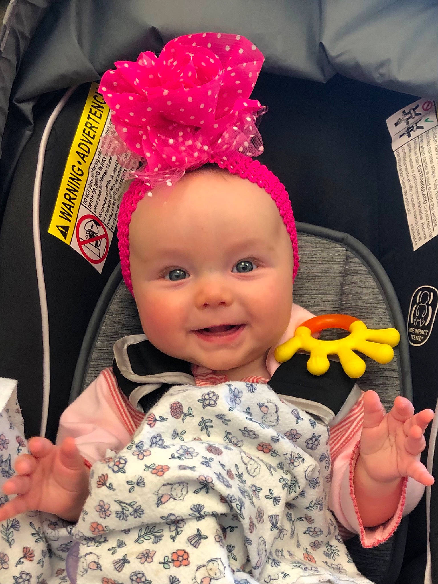 Vienna is registered to the contest to win money with this photo: baby, baby_laughing, baby_products, baby_toddler_clothing, cheek, child, costume, costume_accessory, embellishment, finger, hair_accessory, hand, happy, headband, headpiece, headwear, magenta, person, pink, stuffed_toy