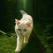 Pamuk a rejoint le concours — aidez-le/la à gagner de superbes lots ! cat, white_cat, forest, nature, greenery, moss, path, outdoor, animal, pet, blue_eyes, walking, sunlight, feather_toy, collar, feline, wildlife, majestic, fur, whiskers