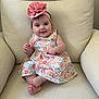 baby, child, smiling, dress, headband, flower, pink, floral, chair, cushion, indoors, cute, happy, infant, skin, person, sitting, foot, hand, portrait