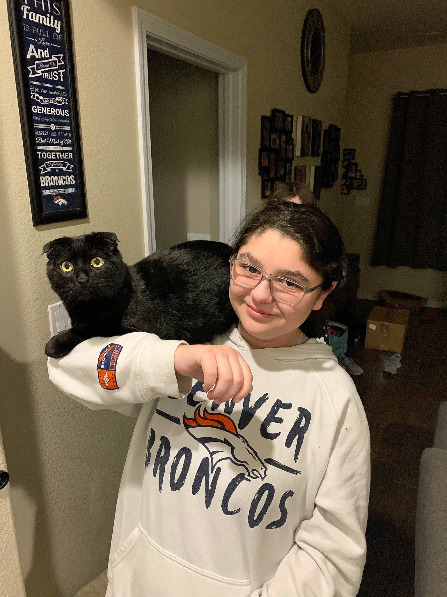 Salem joined the competition — help win amazing prizes! carnivore, cat, comfort, eyewear, felidae, fur, gesture, glasses, happy, hug, mammal, picture_frame, room, sleeve, small_to_medium_sized_cats, smile, t_shirt, top, vision_care, whiskers