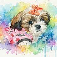 Sophia joined the competition — help win amazing prizes! dog, watercolor, painting, colorful, art, bow, pink_clothing, animal, portrait, cute, small_dog, pattern, illustration, bright_colors, artistic, decorative, pet, expression, soft_texture, creative