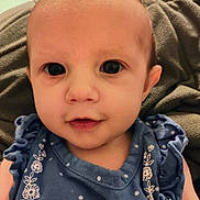 Noah joined the competition — help win amazing prizes! baby, child, face, portrait, blue_dress, ruffles, embroidery, curious_expression, skin, head, eyes, mouth, blanket, indoor, closeup, infant, cute, person, smile, young_child