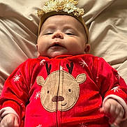Mattie-Jean joined the competition — help win amazing prizes! antlers, baby, bed, blanket, child, clothing, cute, face, festive, glitter, hand, headband, holiday, indoors, infant, portrait, red_onesie, reindeer, sleepy, snowflakes