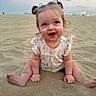 baby, child, beach, sand, smiling, pigtails, outdoor, cute, happy, person, infant, sky, evening, playful, portrait, sitting, clothing, nature, fun, young