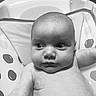 baby, infant, face, skin, bath, seat, polka_dot, wide_eyes, expression, child, cute, water_droplets, young, portrait, indoors, head, arm, chubby, gaze, black_and_white