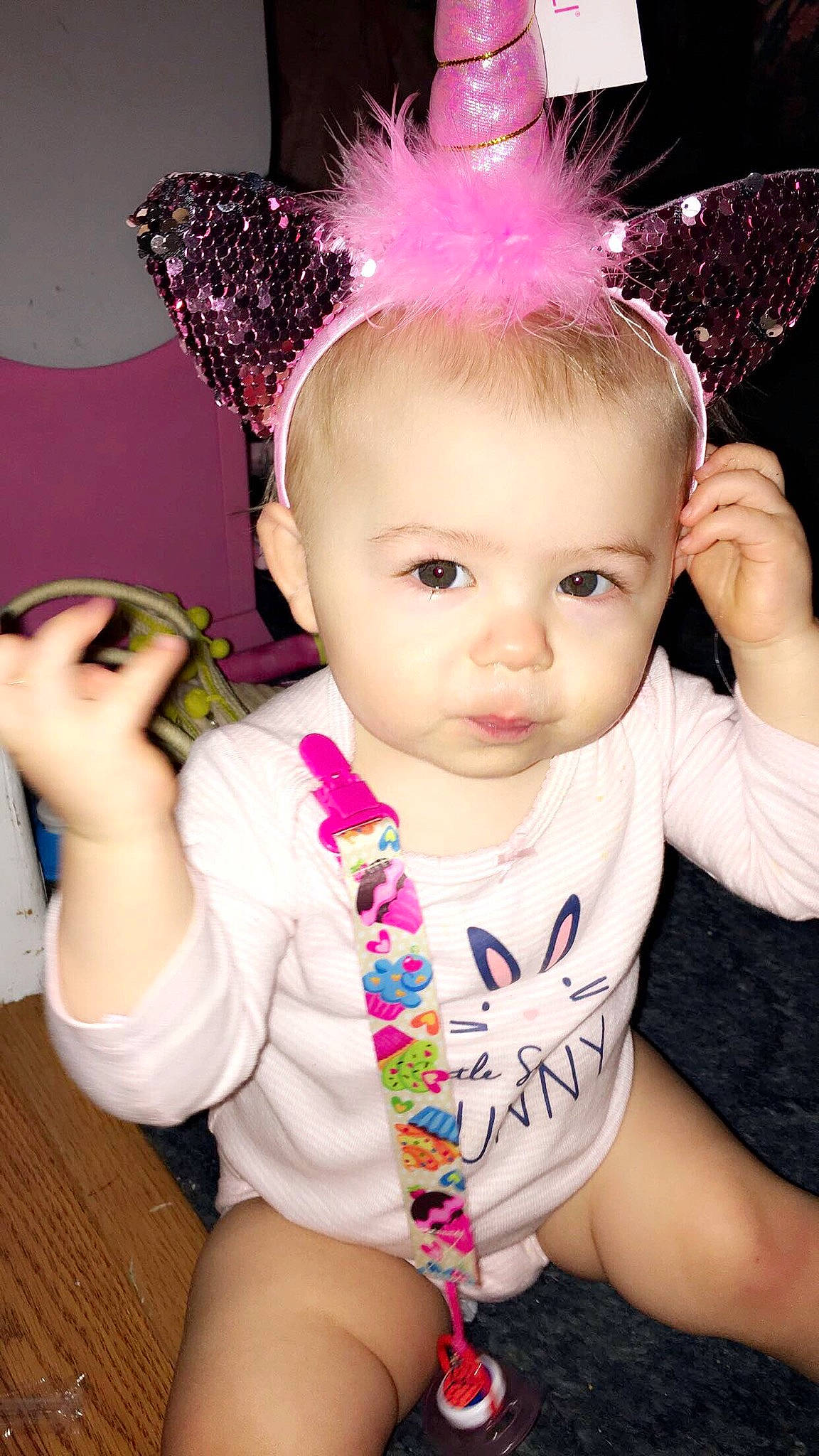 Hailyn is registered to the contest to win money with this photo: baby, baby_toddler_clothing, cheek, child, child_model, costume, costume_accessory, ear, fashion_accessory, hair_accessory, headband, headgear, headpiece, person, pink, toddler