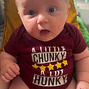 Dylan is registered to the contest to win money with this photo: baby, infant, child, onesie, maroon_clothing, chubby, sitting, indoor, face, wide_eyes, expression, hand, legs, pillow, blurred_background, home, cute, person, close_up, casual