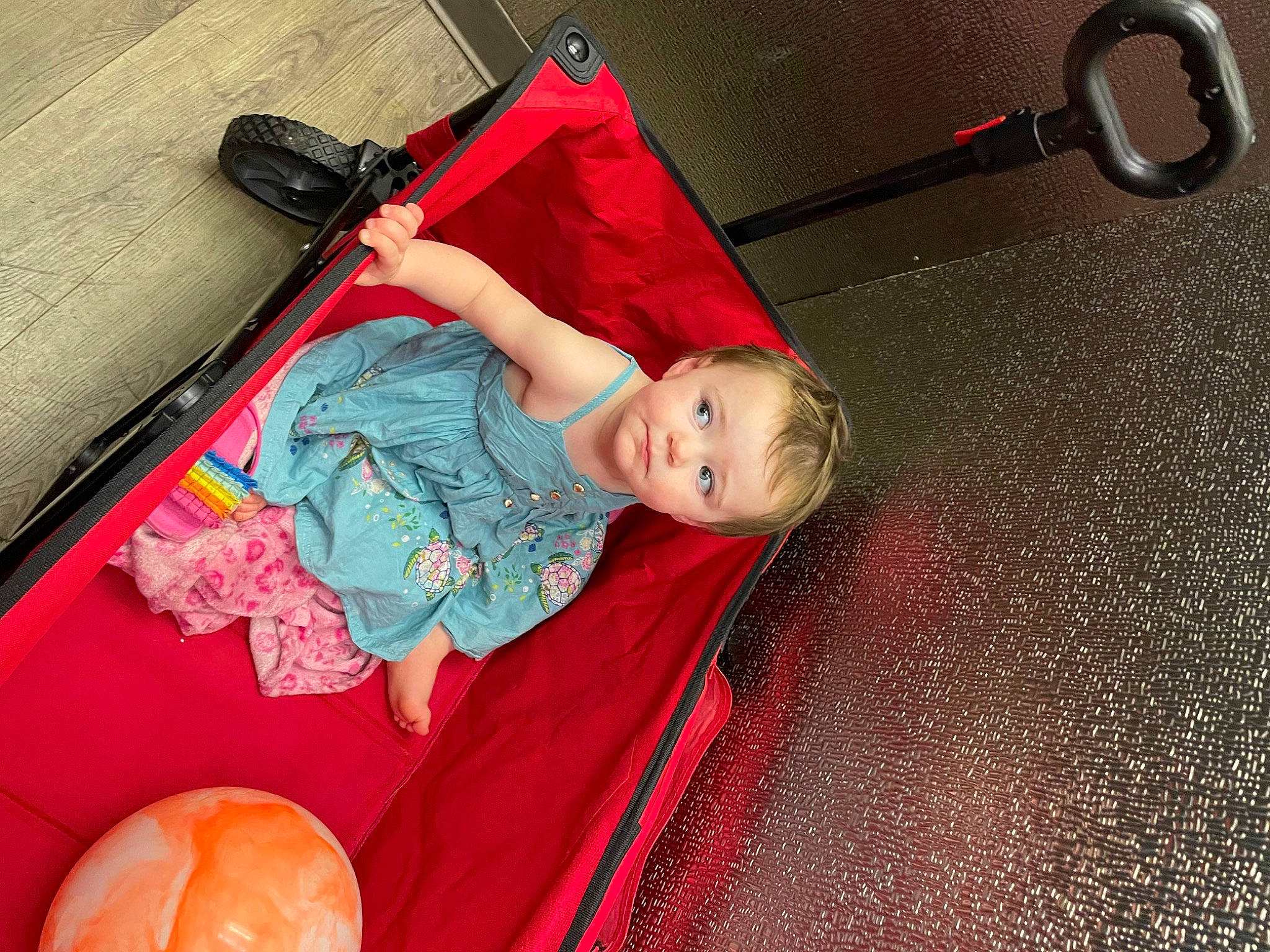 Aria joined the competition — help win amazing prizes! baby_carriage, baby_products, beauty, calabaza, child, comfort, flooring, fun, human_leg, leisure, magenta, orange, person, pink, play, red, room, sitting, textile, toddler