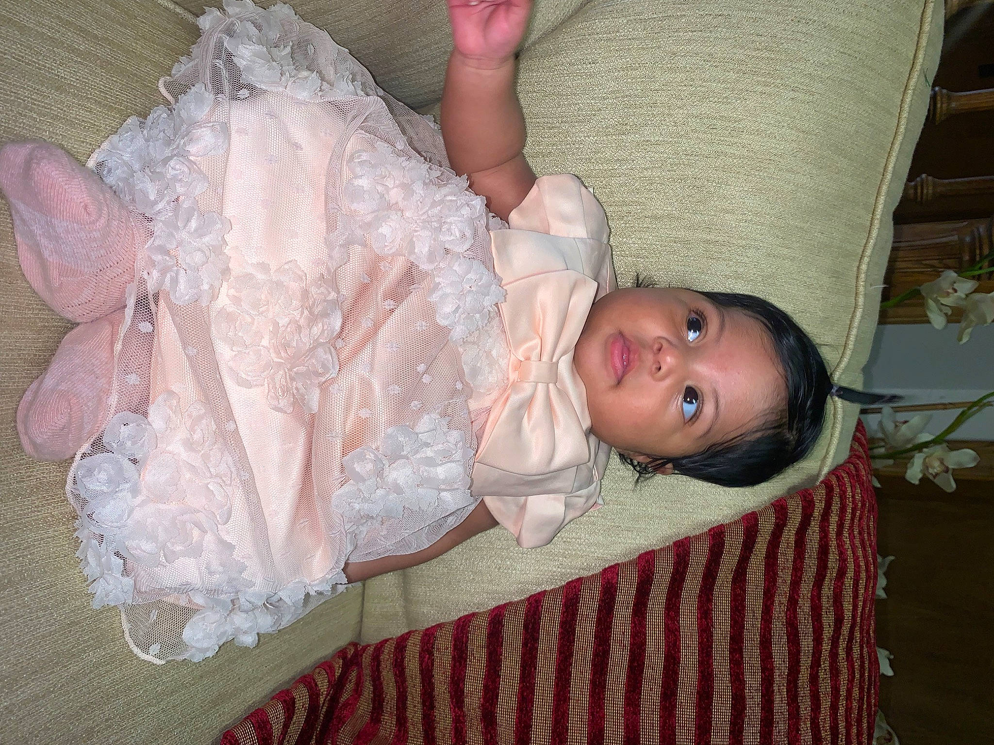 Eliana is registered to the contest to win money with this photo: baby, baby_products, baby_toddler_clothing, bridal_accessory, child, costume, dress, embellishment, event, fashion_accessory, flooring, hair_accessory, head, headpiece, mythical_creature, pattern, peach, person, pink, room