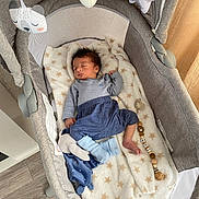 Tom participe au concours pour gagner de l'argent avec cette photo : baby, baby_bed, bassinet, blanket, blue, clothing, cozy, cute, gray, indoor, infant, newborn, pacifier_clip, peaceful, plush_toy, resting, sleeping, soft_texture, star_pattern, wooden_floor