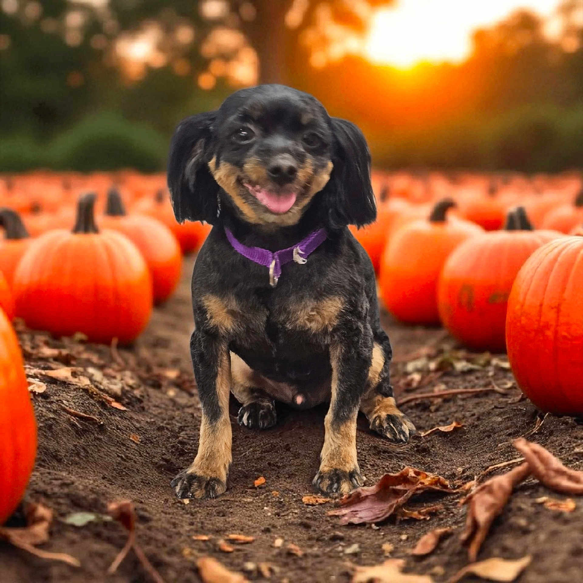 Jax joined the competition — help win amazing prizes! animal, autumn, black, brown, collar, cute, dog, fall, field, ground, happy, leaf, nature, outdoor, portrait, pumpkin, pumpkin_patch, small_dog, smiling, sunset
