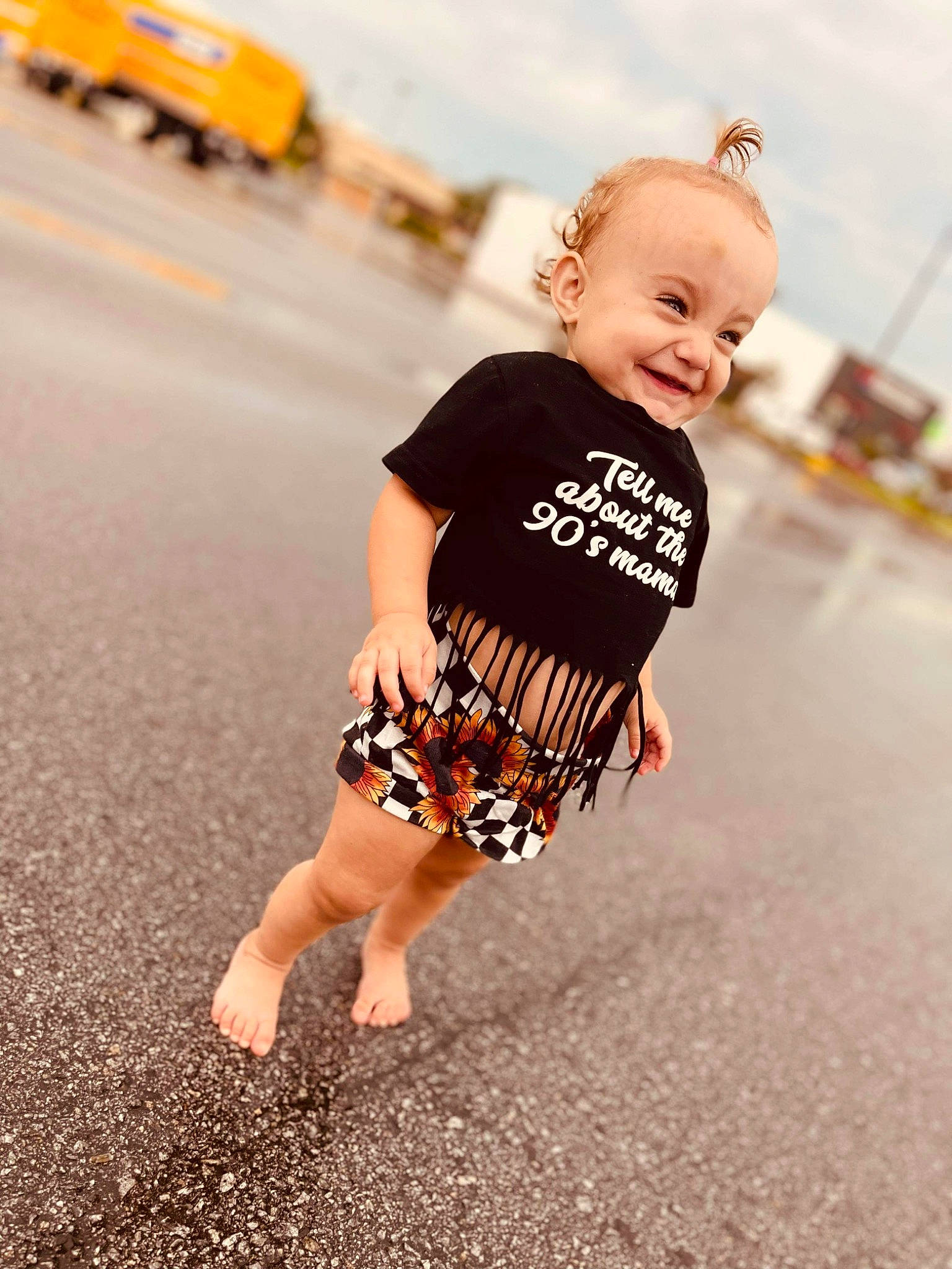 Oaklynn joined the competition — help win amazing prizes! asphalt, baby, baby_toddler_clothing, child, cloud, electric_blue, flash_photography, happy, human_leg, joy, orange, pattern, person, sky, sleeve, smile, t_shirt, tire, toddler, truck