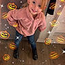 Addalynn is registered to the contest to win money with this photo: child, girl, smiling, portrait, halloween, pumpkin, jack_o_lantern, sparkles, pink_jacket, jeans, boots, blonde_hair, pigtails, earrings, standing, indoor, wood_floor, doorway, digital_filter, happy